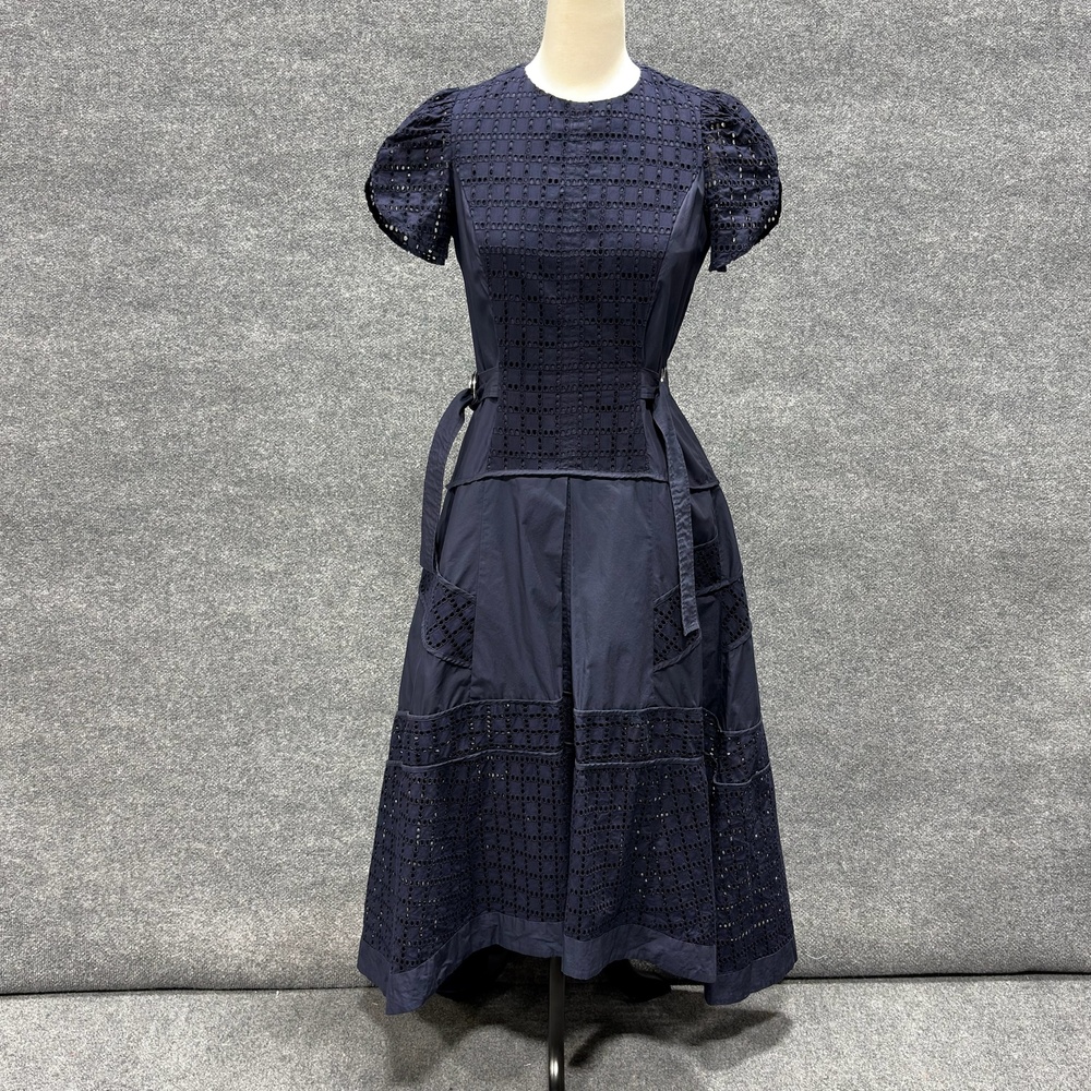 3.1 Phillip Lim Dress Womens 6 Navy Eyelet Puff Sleeve Belted Fit Flare Maxi